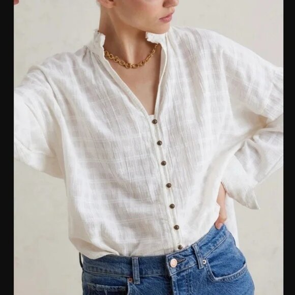 Anthropologie Tops - Anthropologie Pilcro Tanvi Buttondown Checkered White Cotton Blouse Bat Wing Top